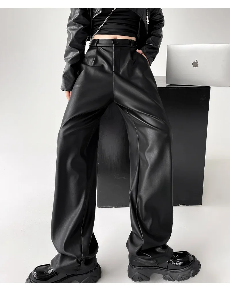 

Straight Leather Pants Women High Waist PU Leather Trousers Baggy Black Female Streetwear Clothing New Fashion Ladies Korean Y2k