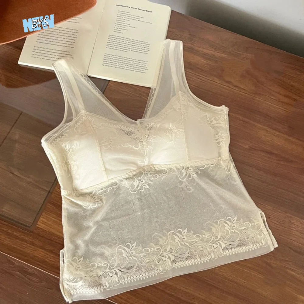 

Mesh Flower Slim Lace Crop Top Bottoming Shirt V Neck Transparent Girl's Vest Top Vest Sweet Camisole with Pads