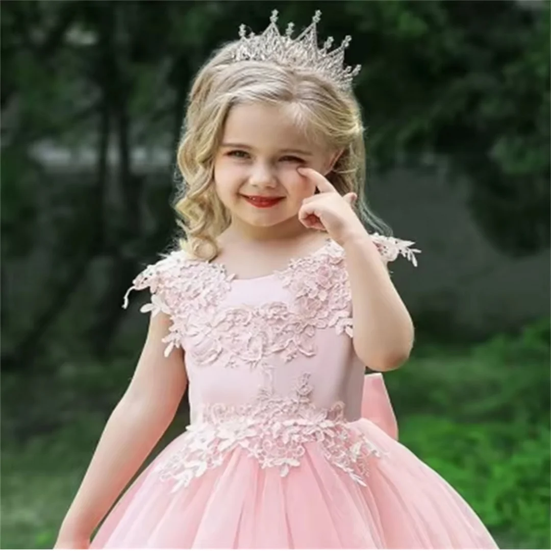 Communion Dresses Lovely Sleeveless Fluffy Tulle Lace Decal Flower Girl Dress Princess Ball Kids Surprise Birthday Present