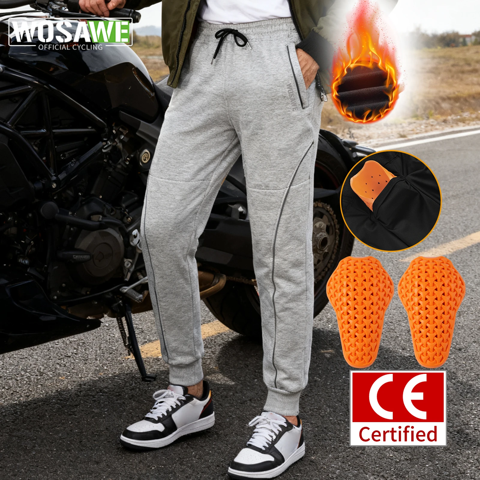 

WOSAWE Winter Warm Motorcycle Joggers Fleece Lining Motorbike Protective Riding Sweatpants with CE Level 2 Knee protector