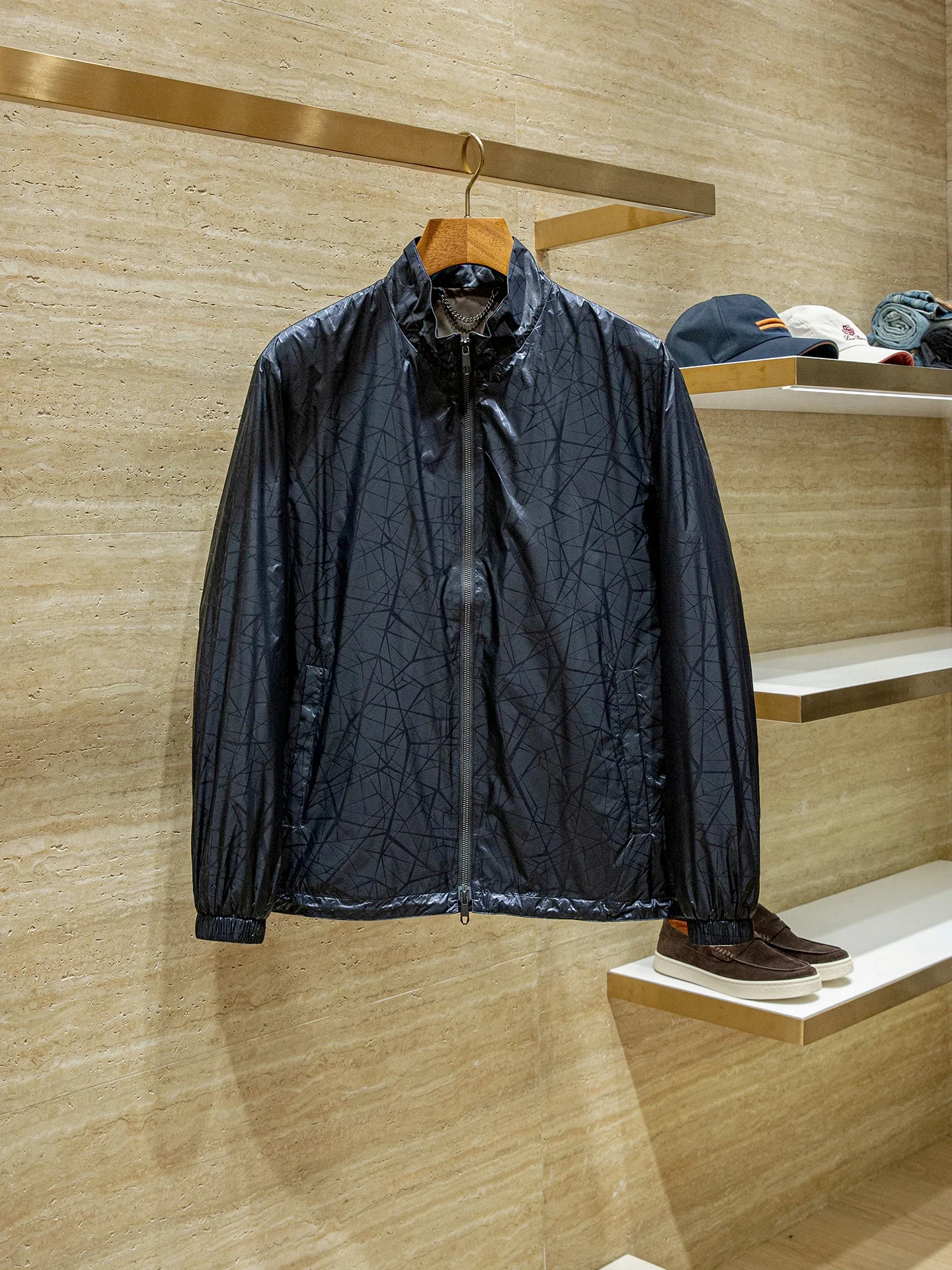 

ZZ custom-woven waterproof technology fabric geometric texture casual stand-up collar jacket