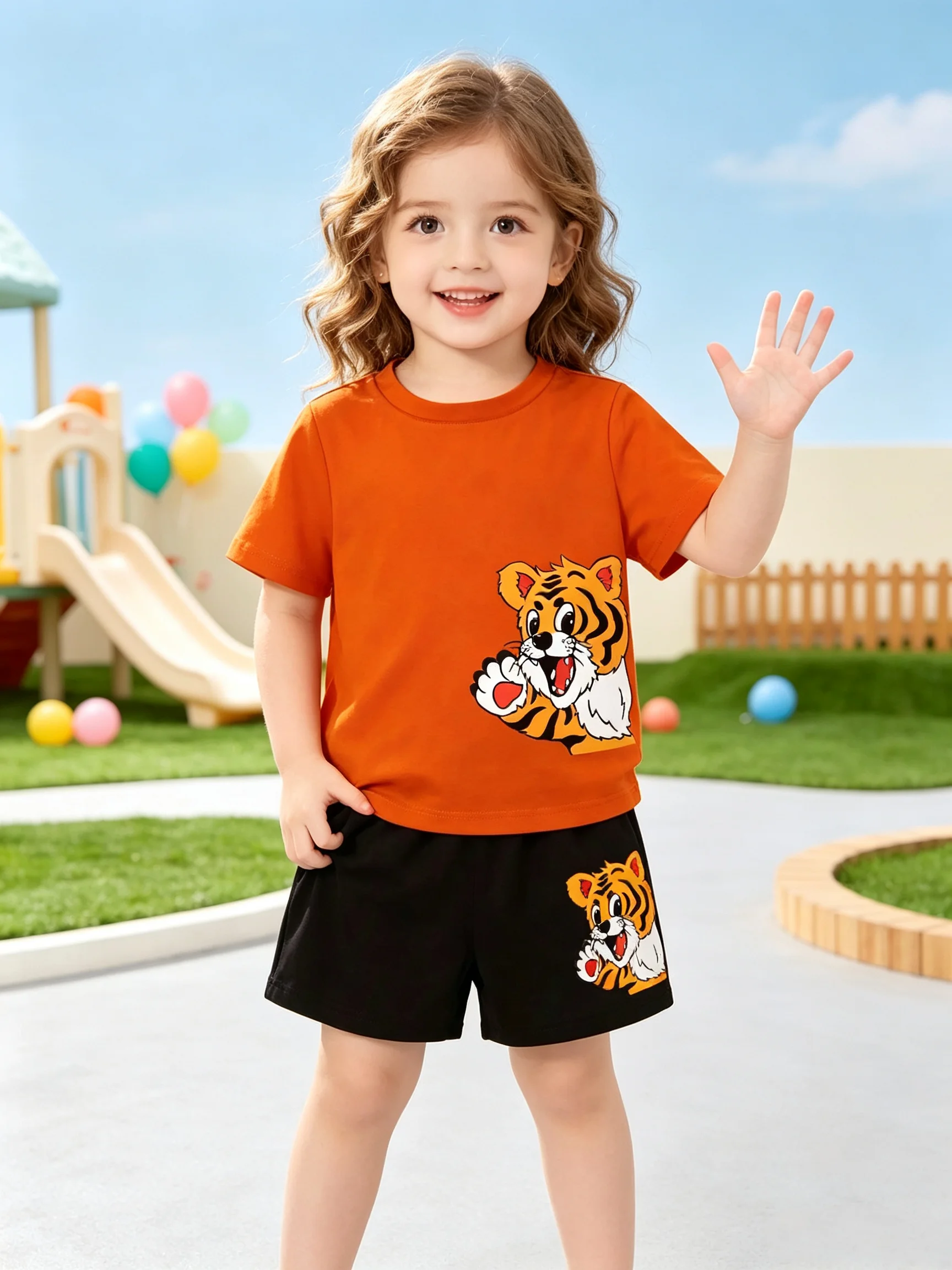 Summer Children's Clothing Set Cartoon Tiger Print round Neck T-Shirt Top with Elastic Waist Solid Color Shorts for Kids