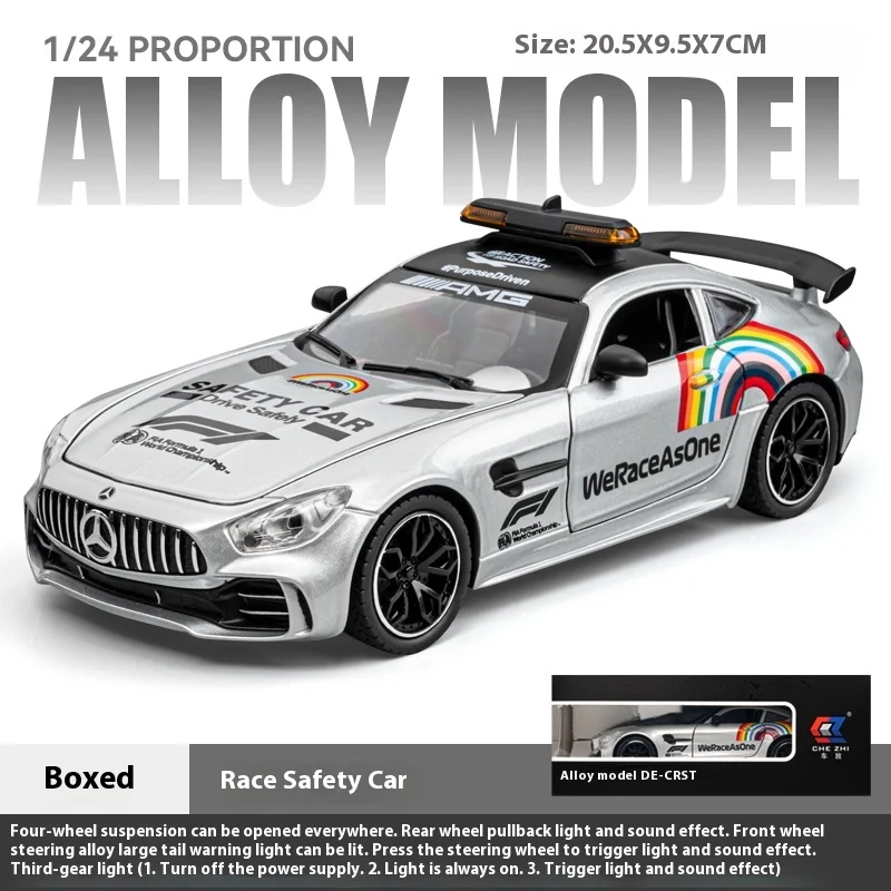 1:24 Mercedes Benz GTR AMG Veiligheidsauto Legering Supercar Diecast Model Geluid en licht Trek speelgoed Trendy ornament Cadeau voor kinderen
