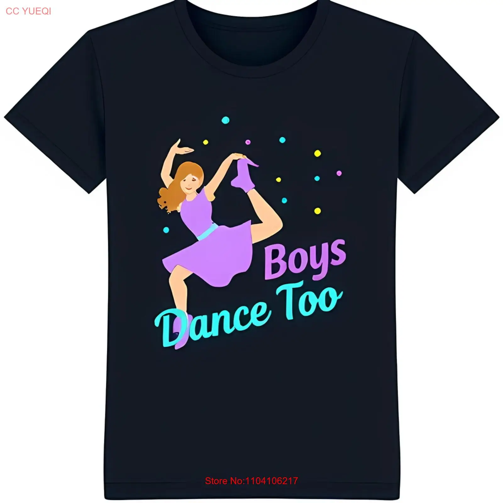 

Black T-Shirt with Cartoon Girl Dancing Graphic ' Dance Too' Design