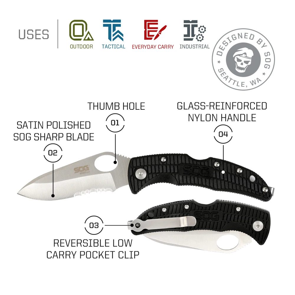 SOG Zilla Folding Knife Small 8Cr13MoV Partially Serrated Blade EDC Portable Outdoor Hunting Camping Supplies Mini Pocket Knives