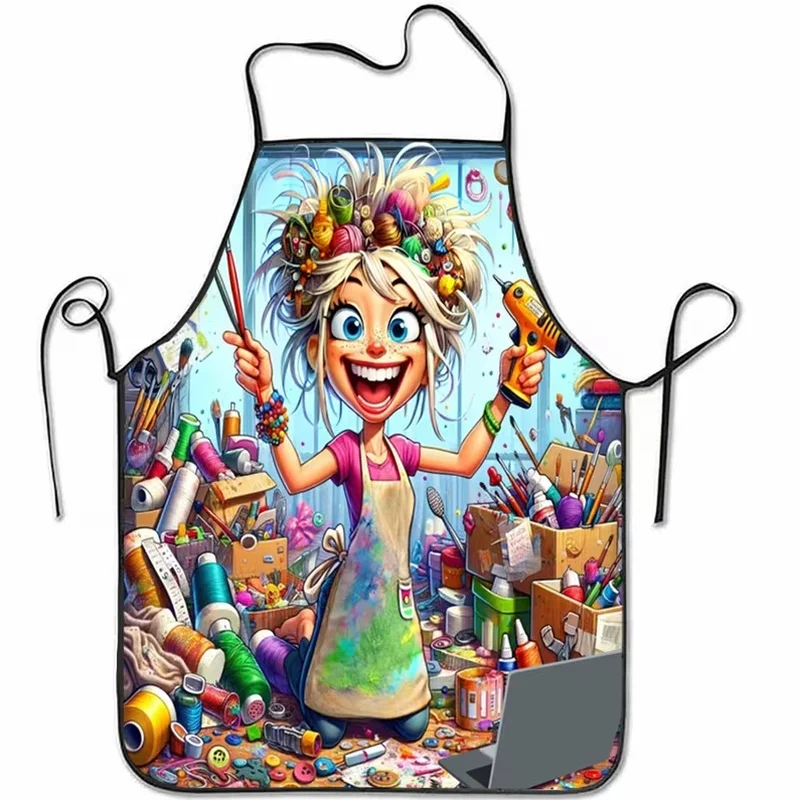 1pc Apron with Cheerful Little Girl Painting Pattern, Suitable for Men And Women in Home Kitchen Use