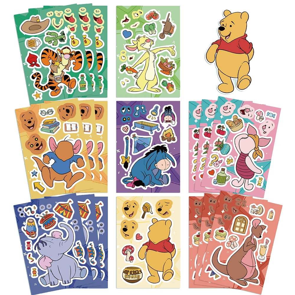 8/16 シートかわいいディズニーくまのプーさんパズルステッカー漫画ピグレットティガーメイクアフェイス DIY 組み立てジグソーデカール装飾