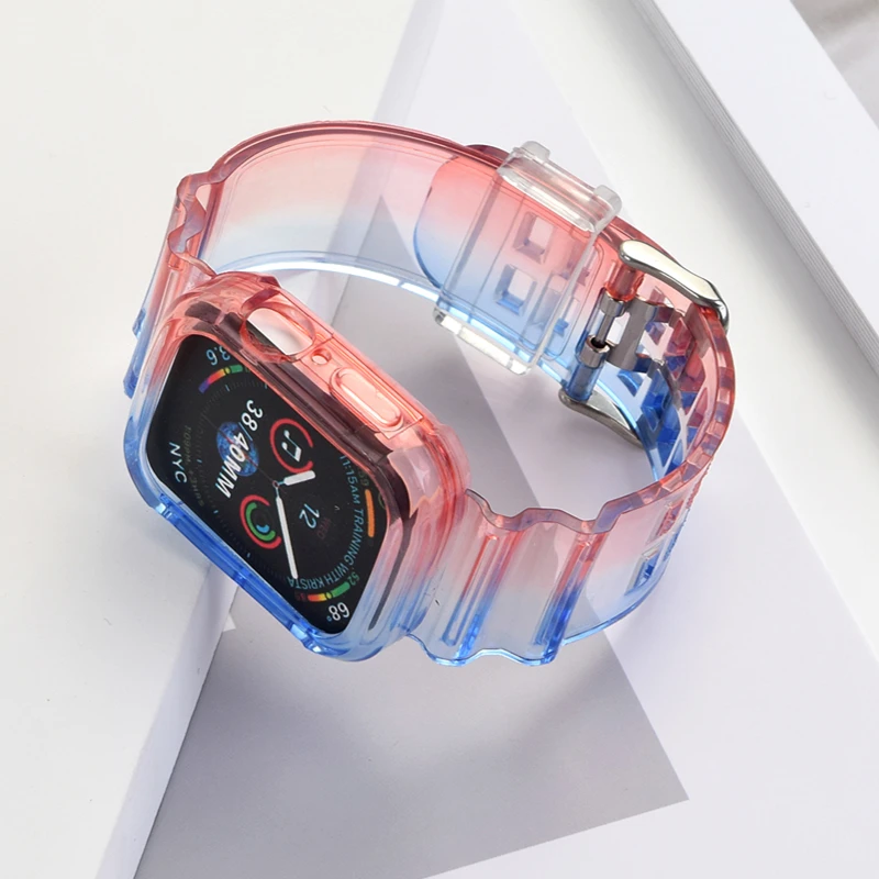 Transparent glacier strap For Apple Watch 8 7 45mm 41mm All-in-one Protective Case For Series 6 5 4 SE 44mm 42mm 40mm 38mm strap