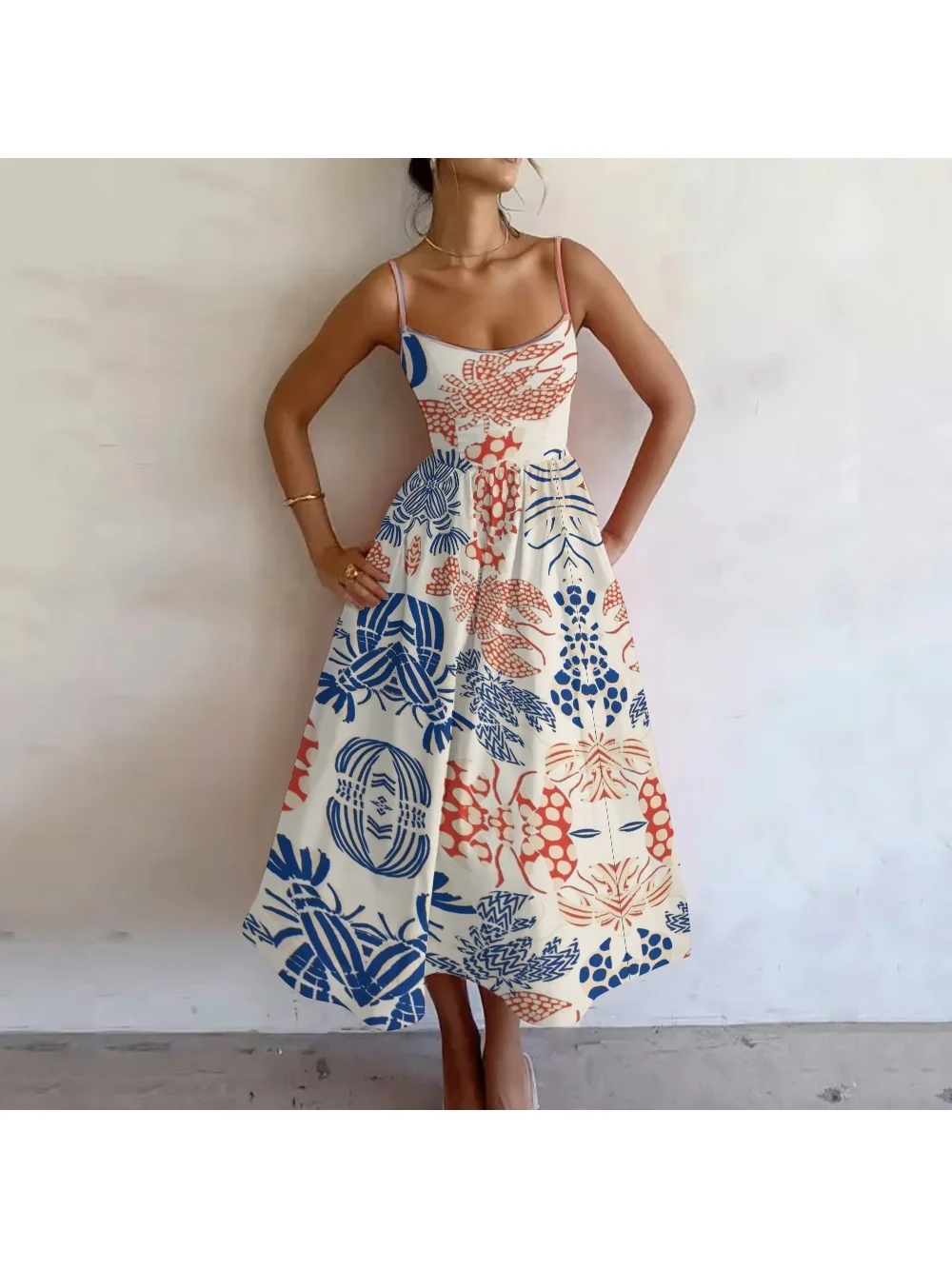 Ladies Casual Hand-Painted Lobster Print Suspender Dress New Chic Holiday Dress High Waist Sleeveless Tight Date Wear