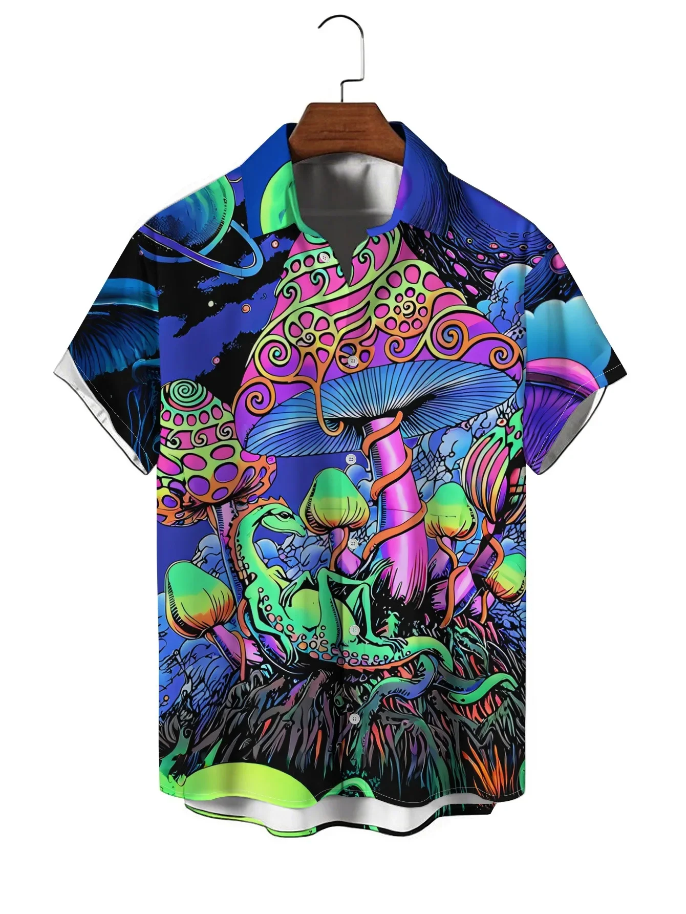 Men Trippy Dinosaur Mushroom Hawaiian Shirt Short Sleeve Button Down Beach Party Top
