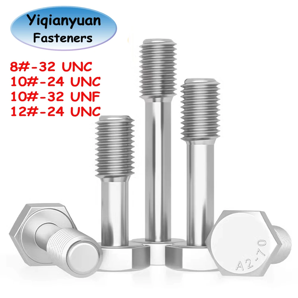 Yiqianyuan 8 #   10 #   12 #   Vis captives à tête hexagonale en acier inoxydable, filetage UNC UNF DIN933 SUS304, boulons amples Anti-desserrage