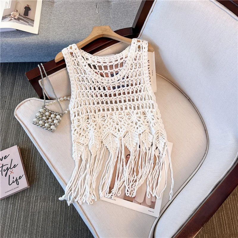 Summer Knitted Vest Tops Retro Sleeveless Tassel Shirt Fashion Women Hook Flower Hollow Out Pullovers Blouse