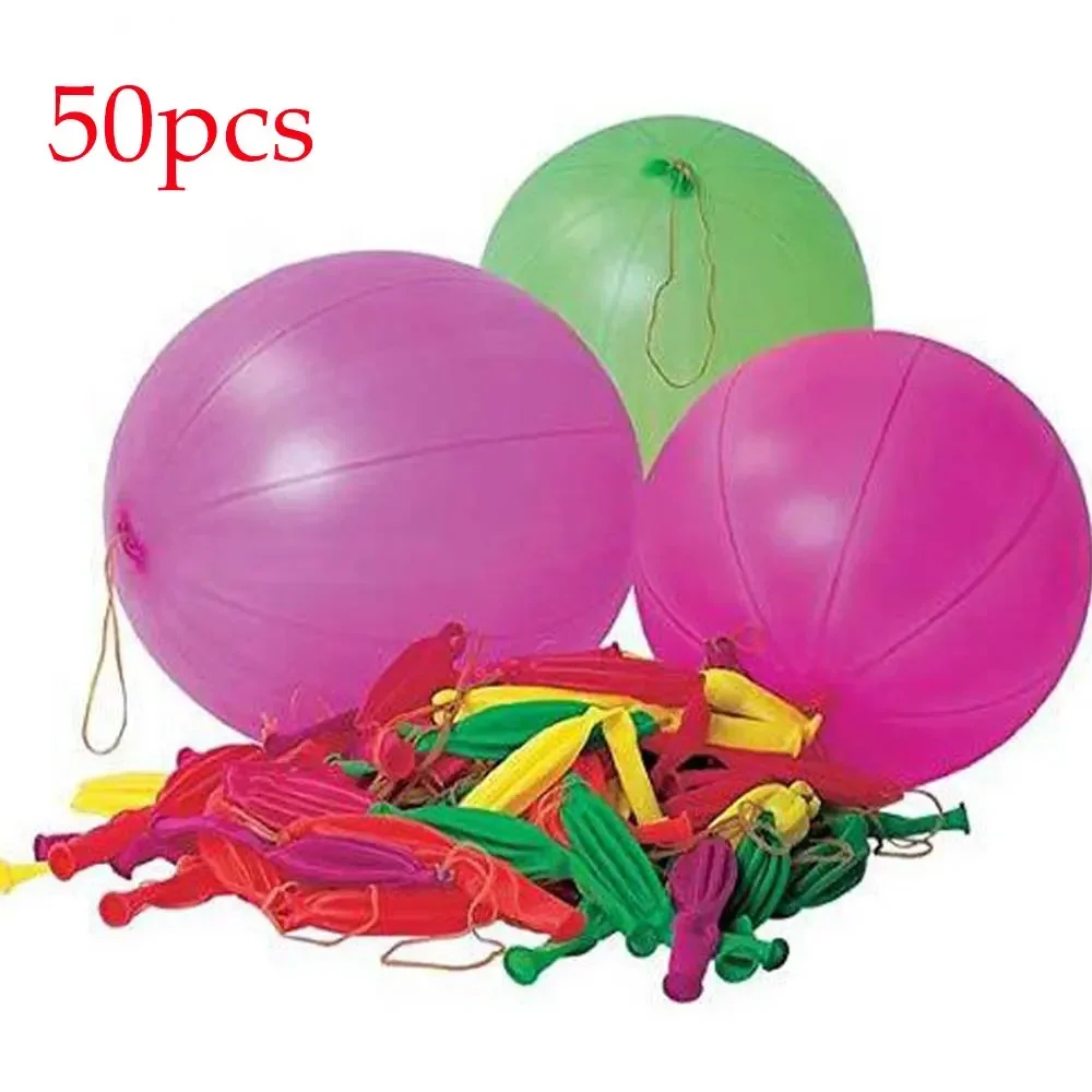 50pcs 14 Inches High Quality Latex Punch Punching Balloons with Rubber Band Handle and Inflator for Birthday Wedding Decorations