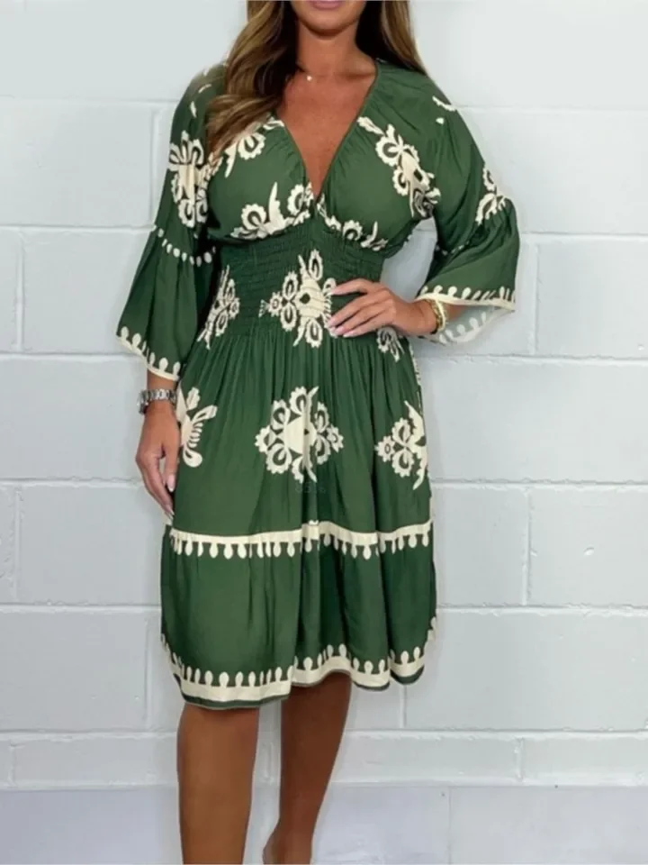 Fashion Boho Print Dress Lady Casual Sexy V Neck High Waist Loose Dresses For Women Holiday Beach Party Skirts Womens Clothing