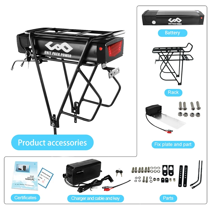 52V 48V 36V 20AH Rear Rack eBike Battery 18650 Cells Lithium Pack with Luggage for 1800W 1500W 1000W 750W 500W Motor For BAFANG