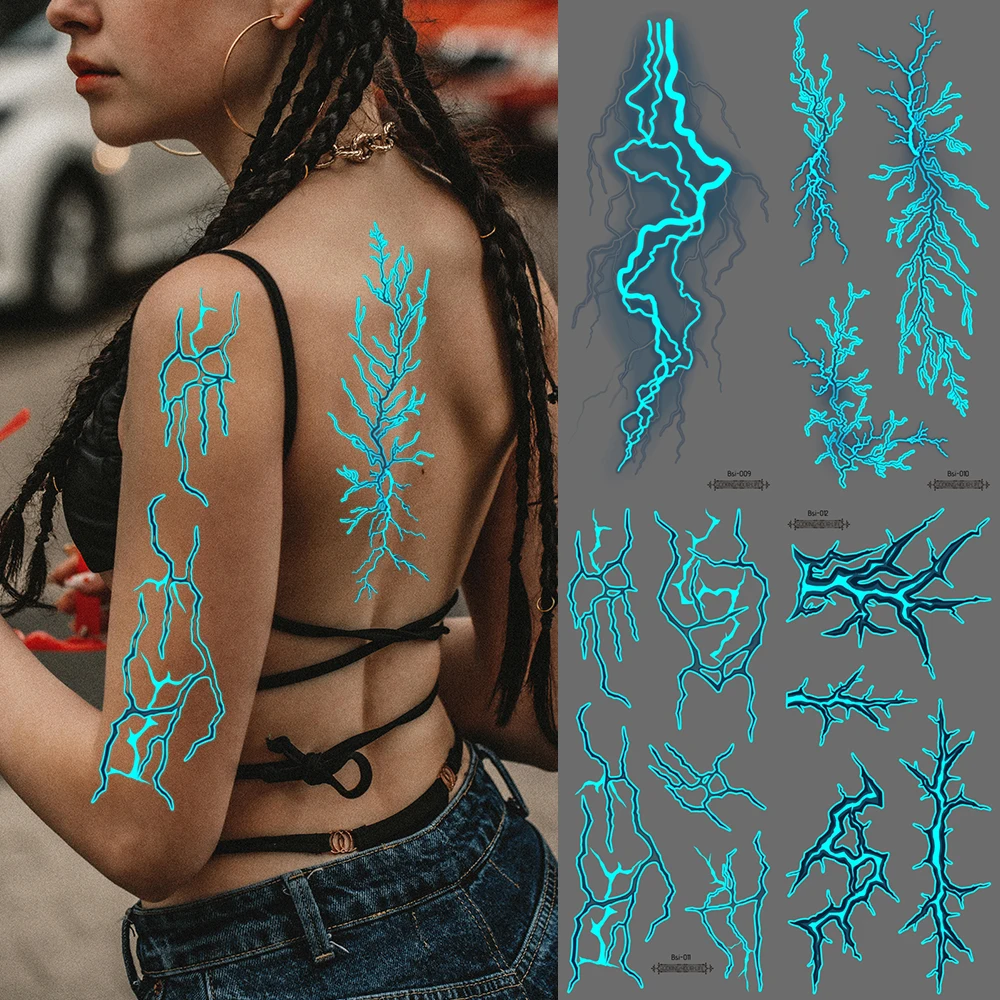

4 листа, светящаяся в темноте временная татуировка, готическая Kpop боди-арт, водонепроницаемая поддельная татуировка-наклейка для женщин, сине-фиолетовая молния