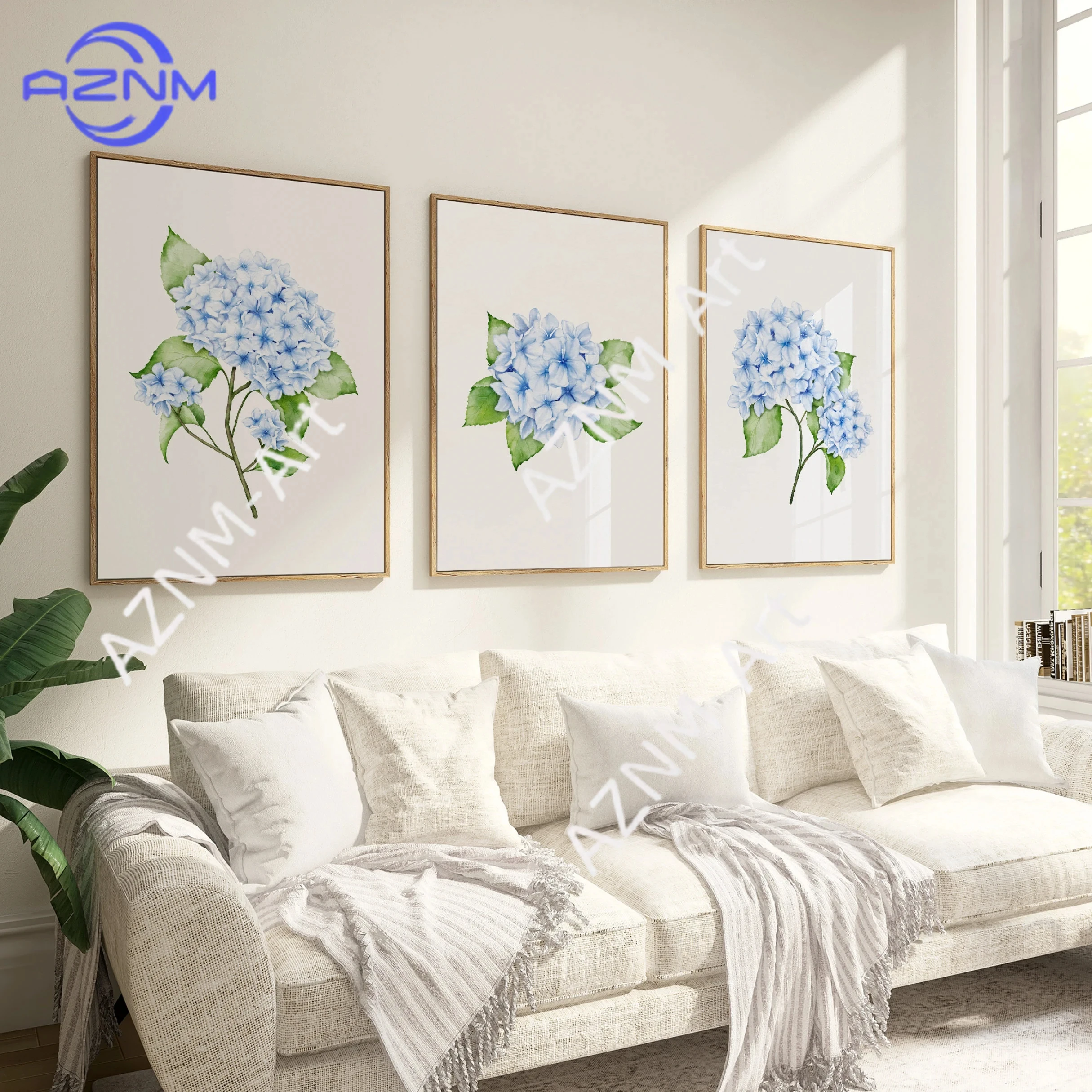 1PC/3PCS Hydrangea Wall Art Prints Light Blue Art Minimalist Flower Print Botanical Room Decor Hamptons Wall Art