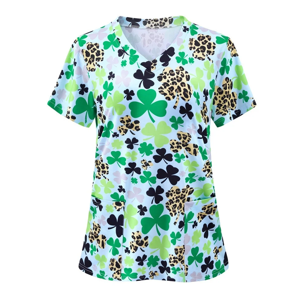 

Women's Floral Print V-neck Tops Short Sleeve Work Uniform Patch Pockets Medical Nurse Uniform Women's Clothing scrubs woman