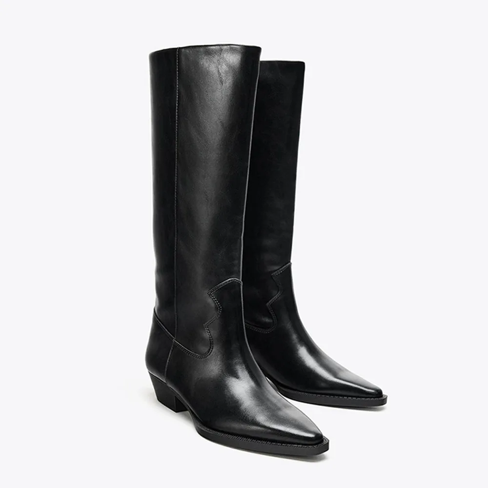 

FWRD Women's Retro Pointed-Toe Faux Leather Cowboy Knee Boots, Block Heel & Soft Lining for Autumn Winter Wear #FWRD000379