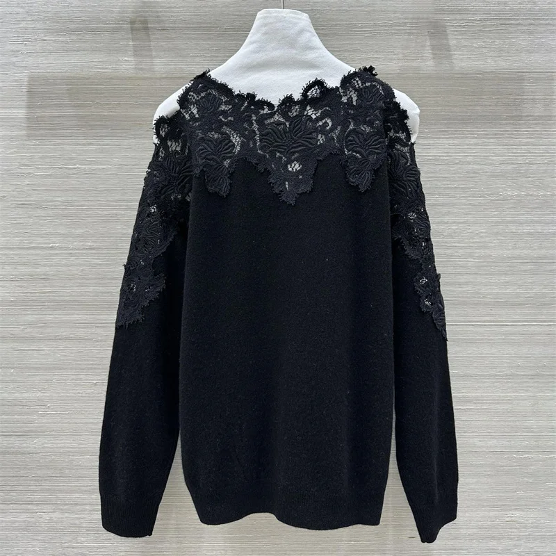 Damenpullover Neues elastisches Strickoberteil mit schmaler Passform und langen Ärmeln für den Herbst 2025. Spitzen-Patchwork-Pullover aus Kaschmirmischung