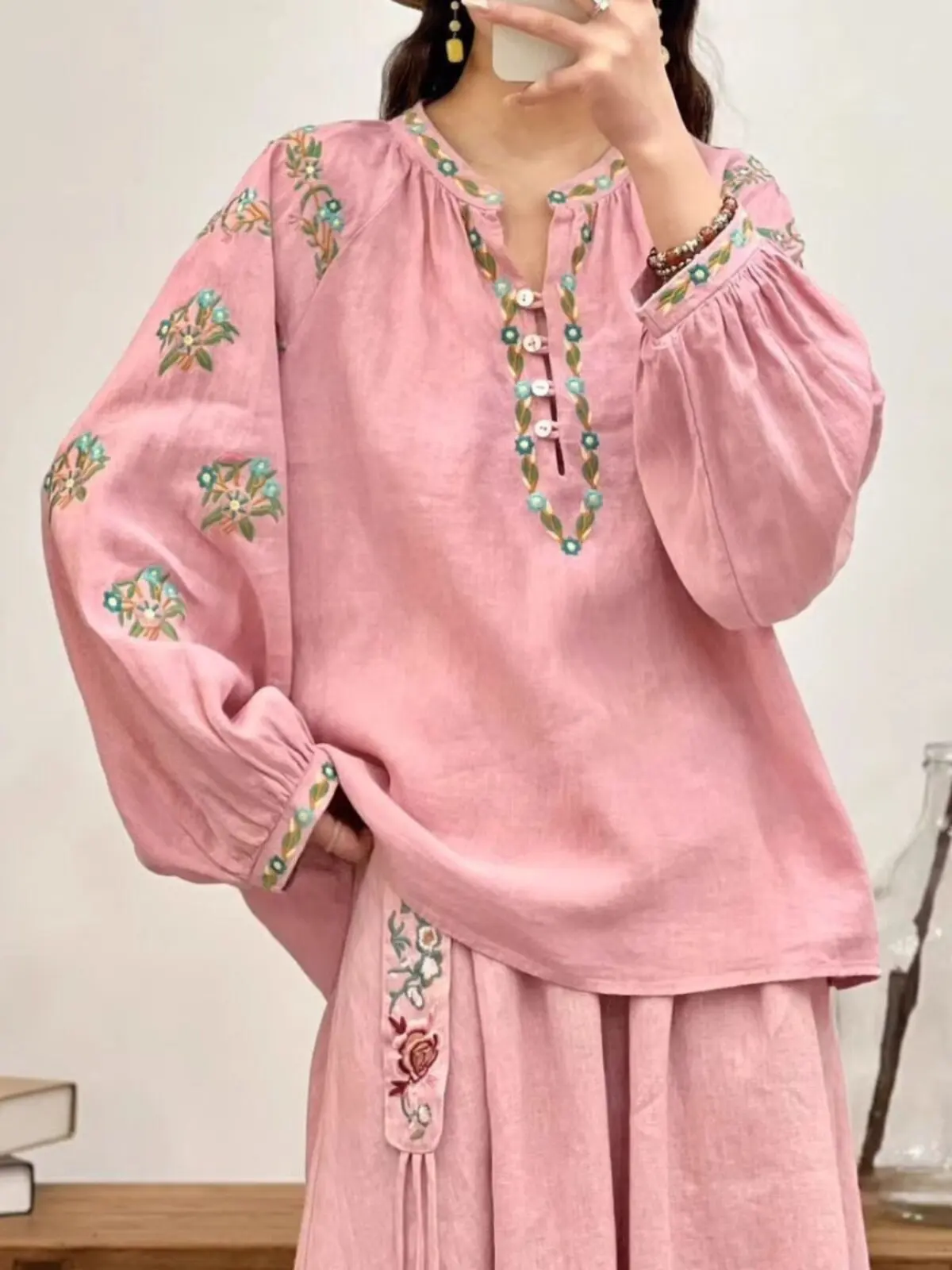 New V Neck Half Button Cardigan Vintage Embroidery High Quality Linen Blouse Women Spring Traditional Chinese Hanfu Tops CN-233