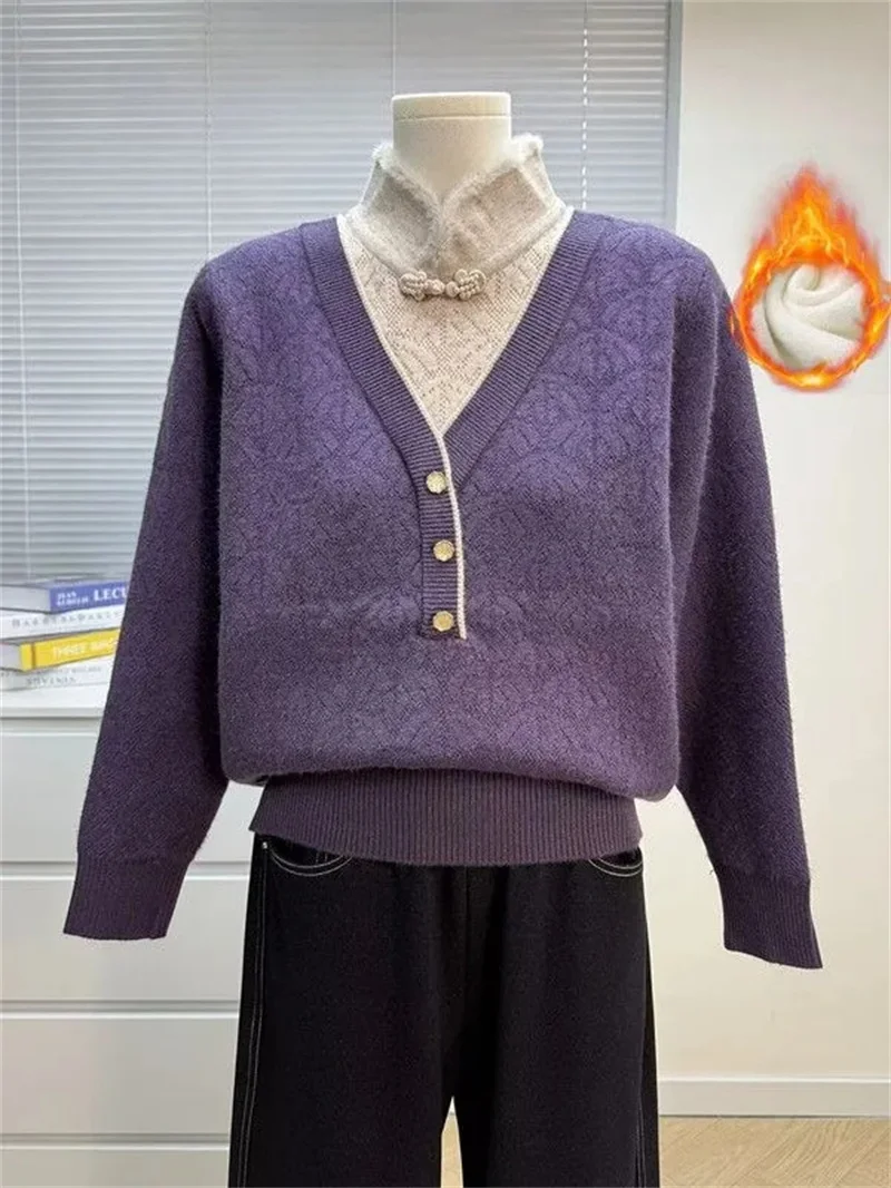 

Autumn Winter Pullover Half-high Collar Women Sweater Mother Clothes Velvet Bottoming Shirt Female Fake Two-piece Knitted Top