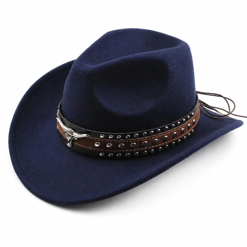 New Felt Western Cowboy Hat Ox Head Decorative Wide Brim Studded Leather Cap Ethnic Style with Belt Jazz Fedora Hats Outdoor