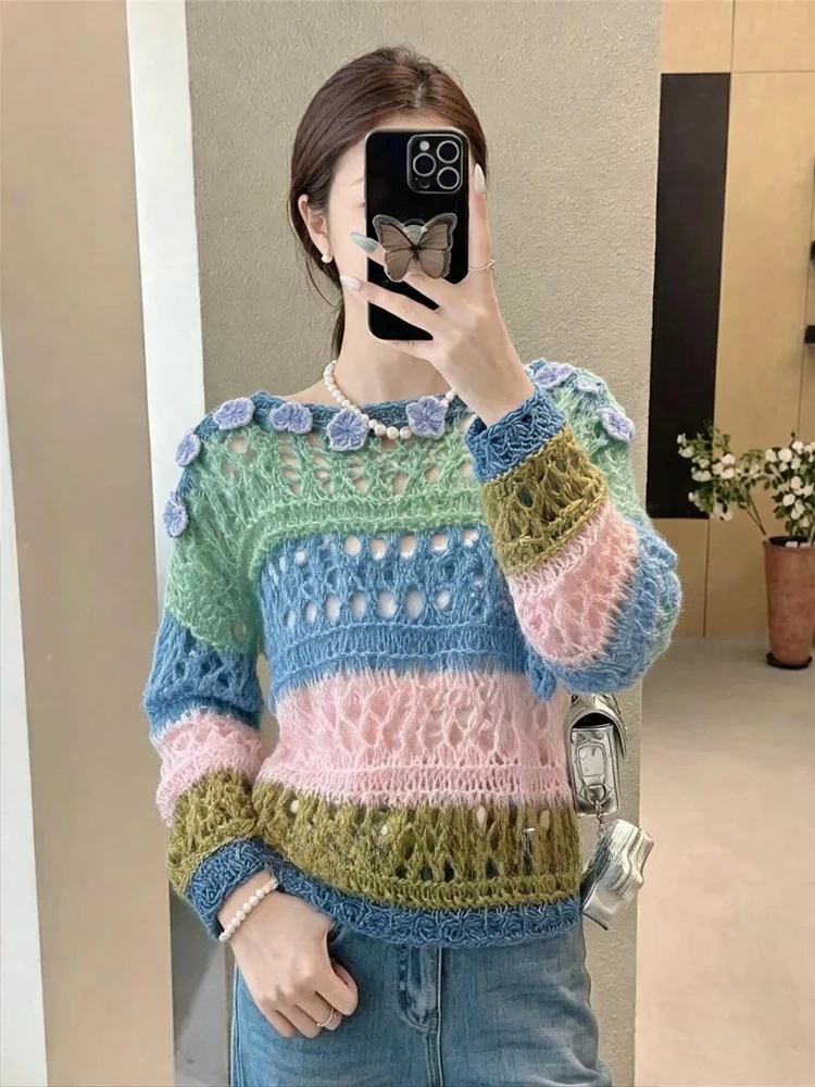 Women Crochet Knit Sweater Floral Applique Colorful Stripe Openwork Pullover Loose Boho Jumper Spring Autumn