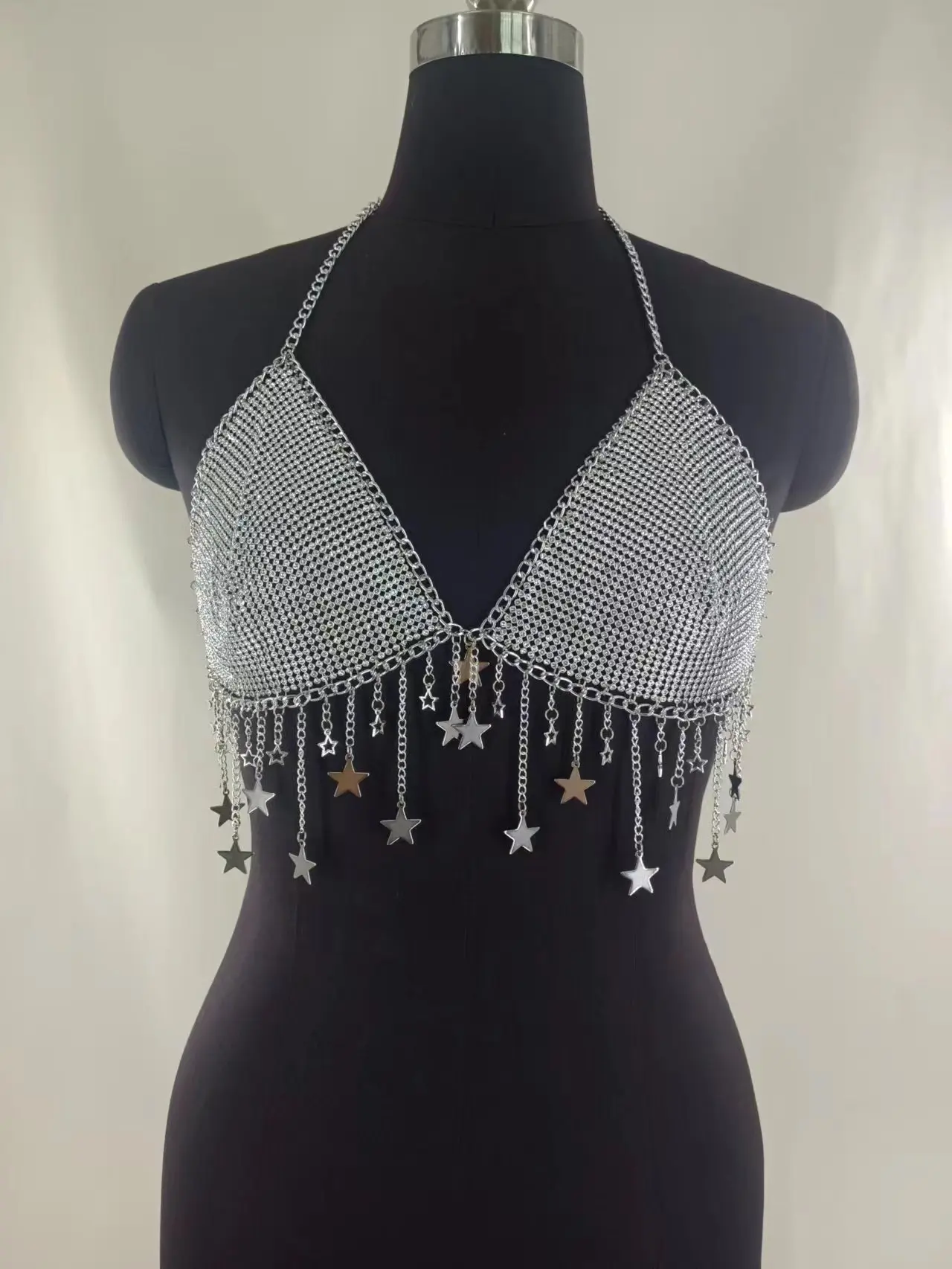 Sexy Rhinestone Inlaid Sequins Five-Pointed Star Neck Tassel Body Chain Beach Party Backless Vest