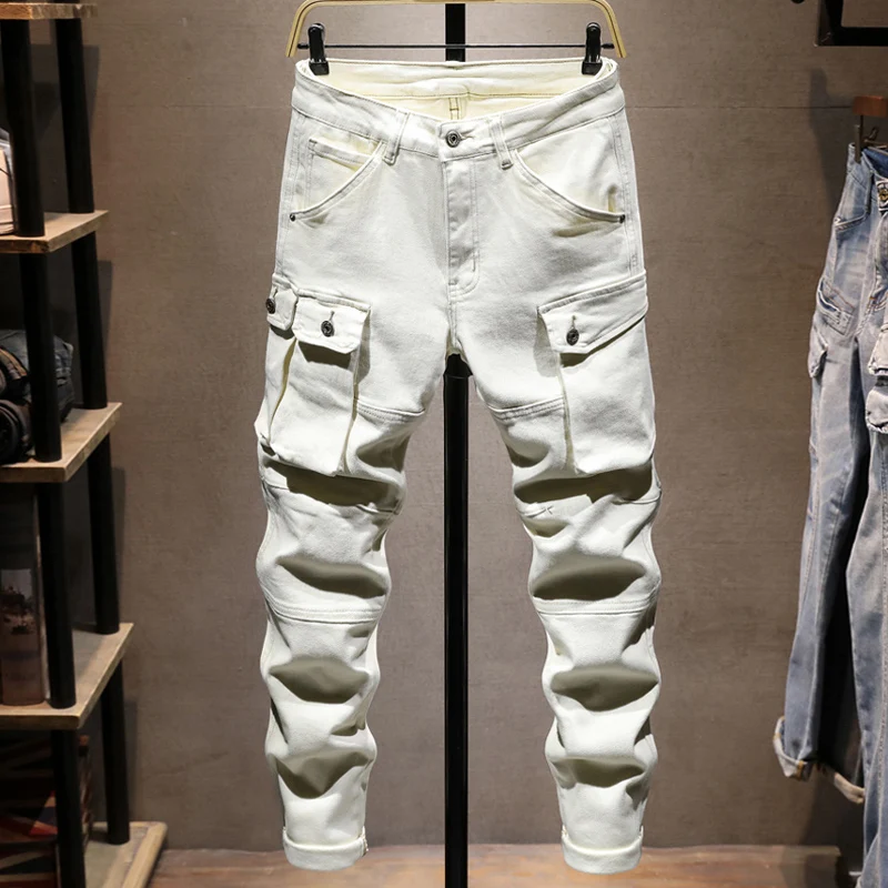 

Street Designer Fashion Men Jeans Beige White Stretch Slim Fit Multi Pockets Casual Denim Cargo Pants Hombre Hip Hop Biker Jeans