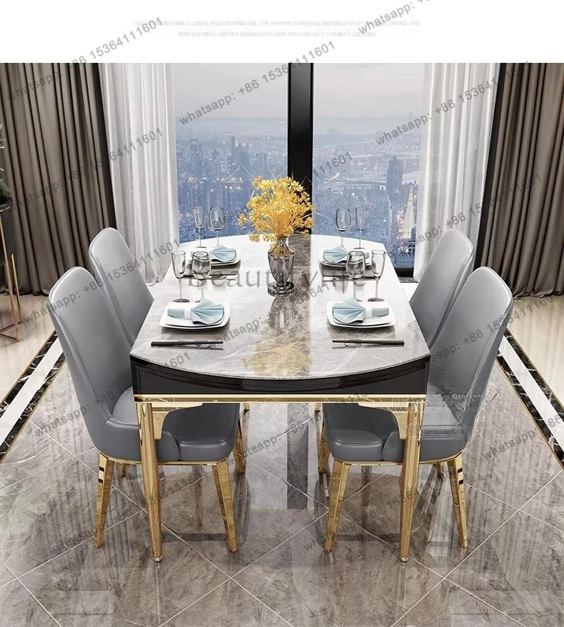 

Bright rock slab dining table Modern simple light luxury telescopic folding small apartment round table
