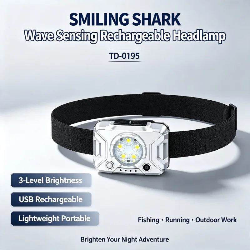 SMILING SHARK Wave Sensing Rechargeable Headlamp 3‑Level Adjustable Portable Headlight for Fishing Outdoor Lighting TD-0195