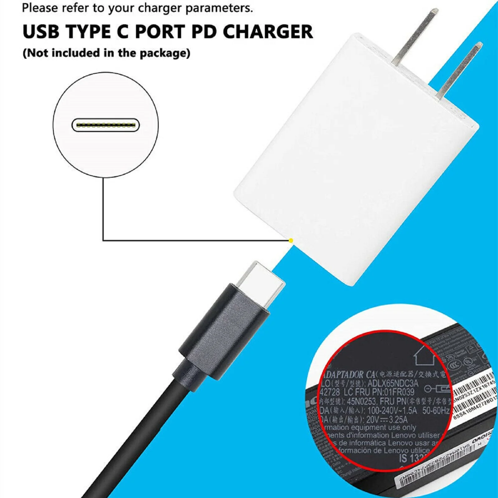 Convertitore da 65W PD USB tipo C femmina a quadrato cavo di ricarica rapida USBC connettore adattatore di alimentazione cc per Laptop per Lenovo Thinkpad