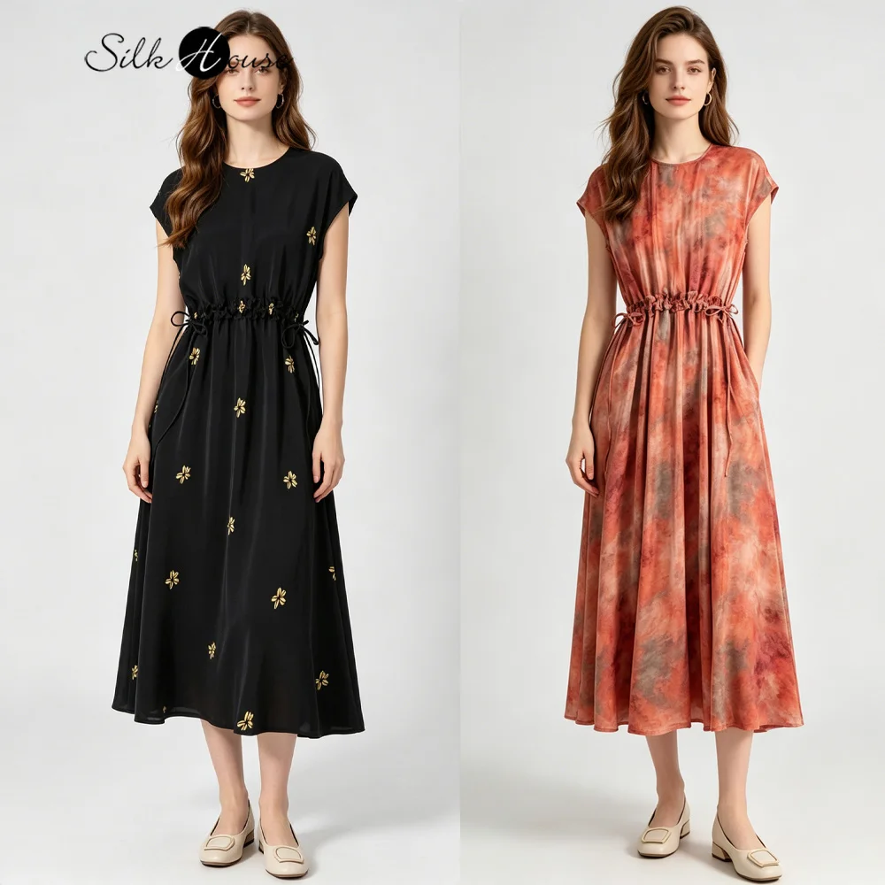 2026 Women's Casual Summer New 100% Natural Mulberry Silk Crepe De Chine Round Neck Raglan Sleeve Drawstring Loose Dress