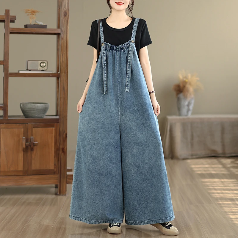 Spring Summer Autumn Long One-Piece Overalls Loose Casual Denim Wide Leg Pants plus Size Fashion Ladies Cotton Polyester Blend