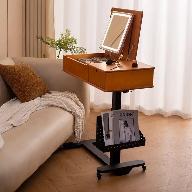 Movable vanity table, solid wood, bedroom lift-up vanity, flip-top small apartment, bedside with wheels, Japanese style