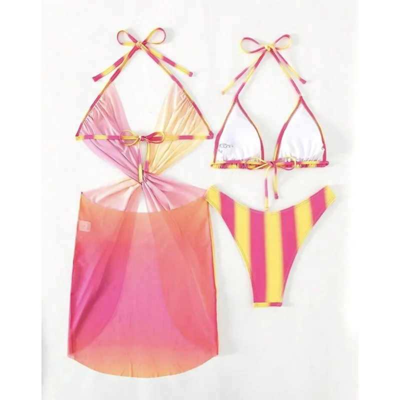 Women's Striped Print Tie Back Halter Ring Linked Cut Out Triangle Bikini Set with Ruched Cover Up