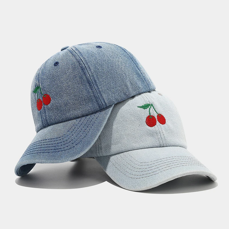 

New Elegant Cherry Embroidered Denim Women's Casual Outdoor Sunshade Hats Trendy Spring Autumn Cotton Breathable Baseball Caps
