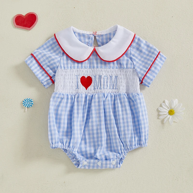 

BeQeuewll Short Sleeve Baby Girl Plaid Romper Summer Heart Letter Embroidered Smocked Doll Collar Bodysuit Mothers Day Clothes