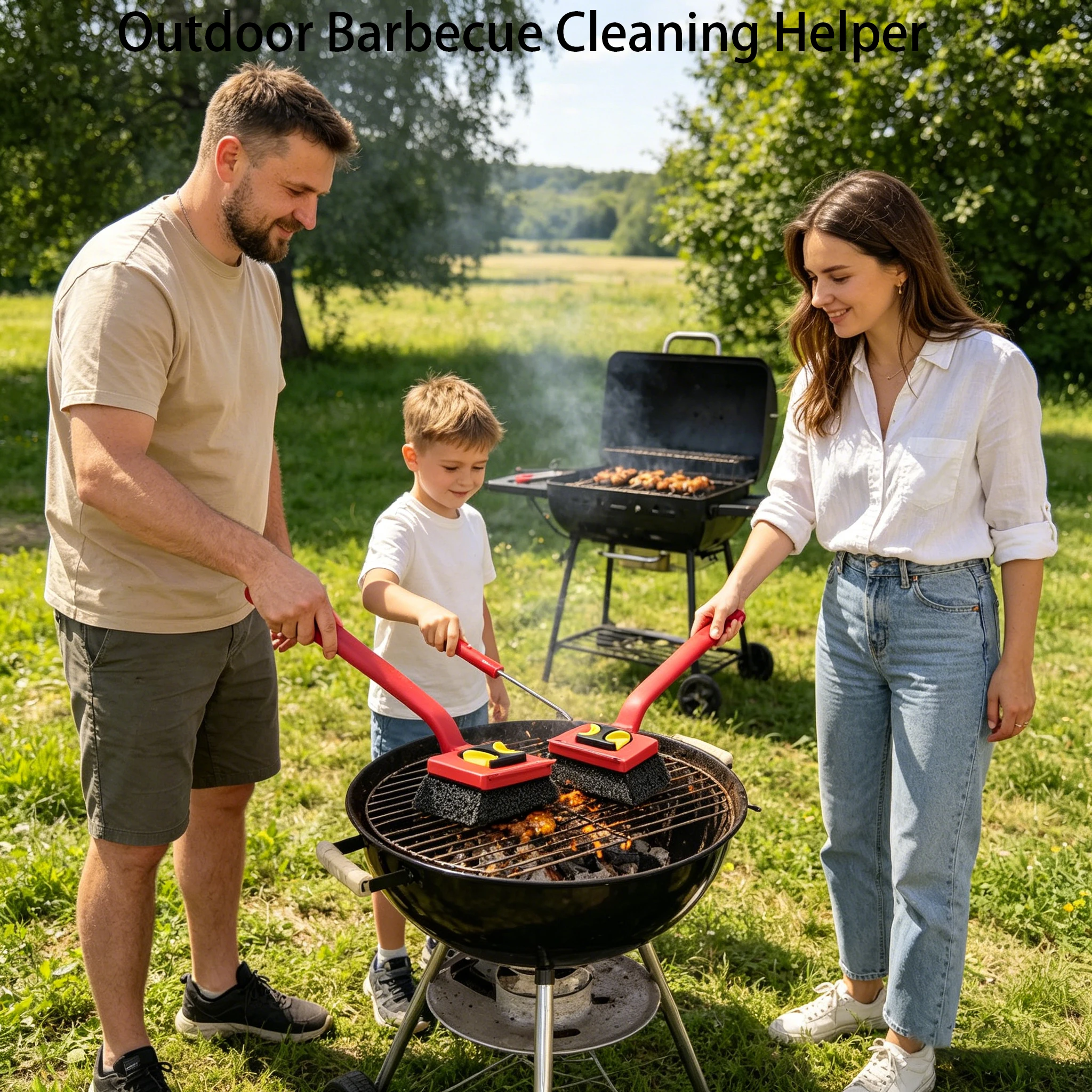 Red Grill Cleaning Brush with Scraper 3-in-1 BBQ Grill Cleaner Stainless Steel Scrubber with Long Handle Safe for All Grills