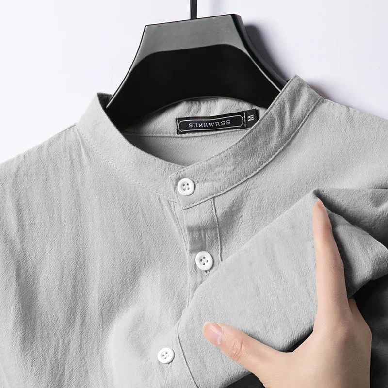 New Linen Cotton Shirts for Men Lightweight Long Sleeve Henley Beach Breathable Shirt