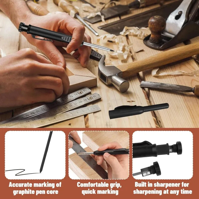 Solid Carpenter Pencil Set with Built-In Sharpener Deep Hole Marking Tool Automatic Pencil Drawing Lead Core for Precision Work