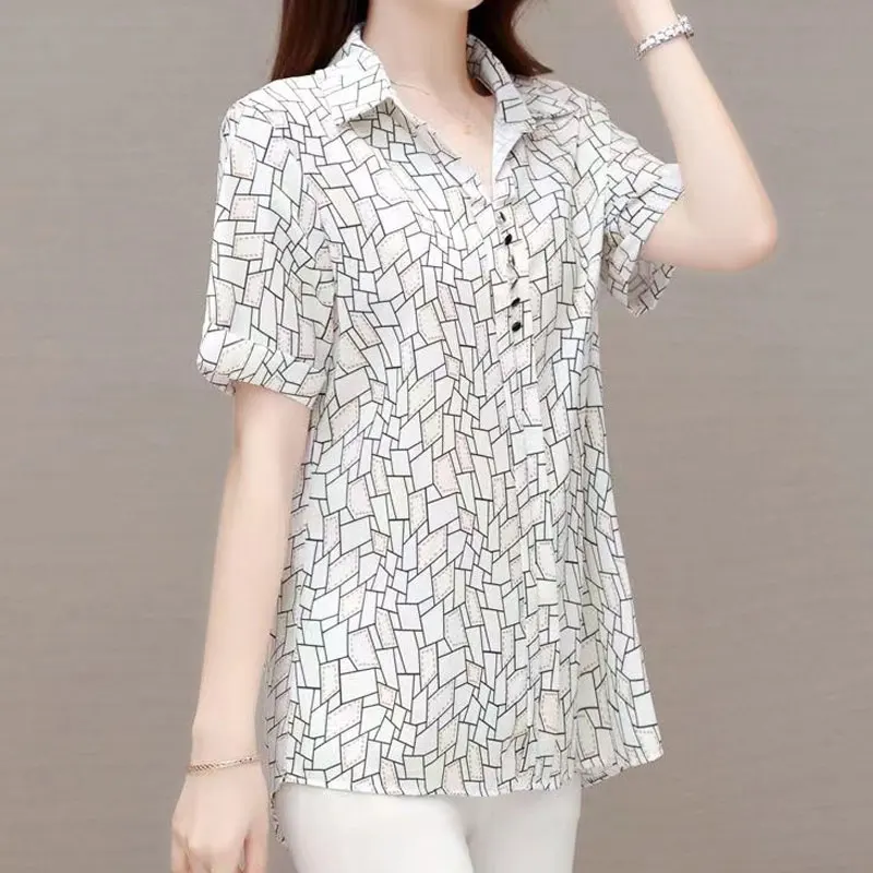 Female Clothing Casual Geometric Spliced Printed Blouse Summer Commute Turn-down Collar Short Sleeve Stylish Button Loose Shirt