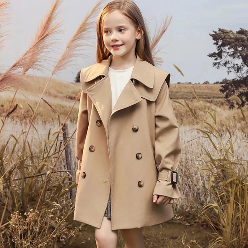 3-14 years Spring Autumn Girls Windbreaker Trench Coat Windproof Children Kid\'s Mid-Length Jacket Coat Baby Teenagers Overcoat