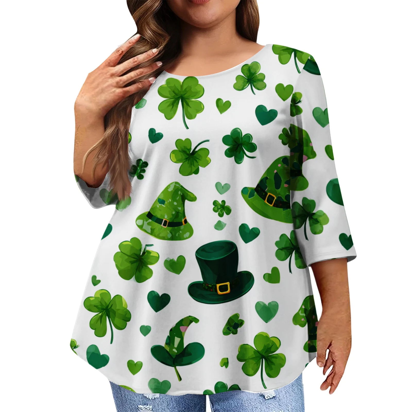 

Футболки больших размеров с рукавами 3/4, женская мода, свободные топы с принтом на тему Дня Святого Патрика, повседневный пуловер, топ