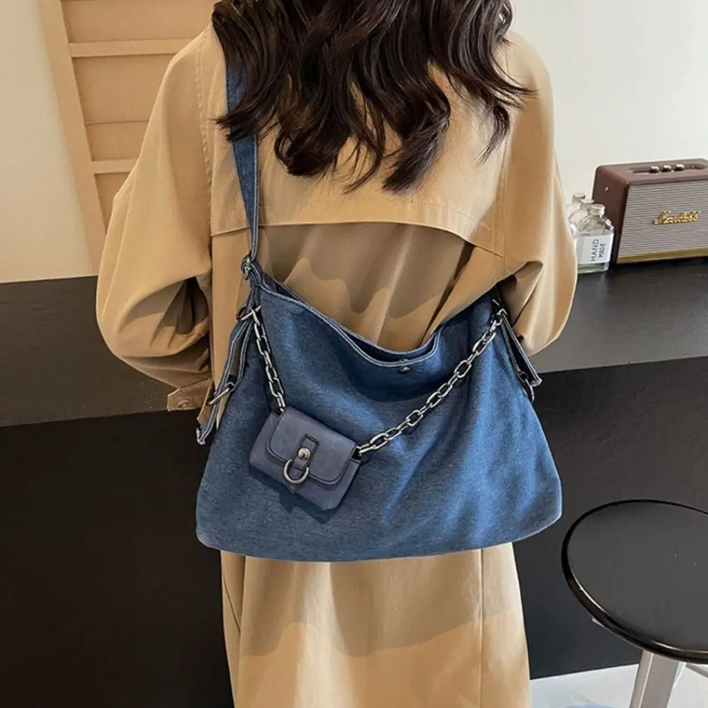 With Small Bag Denim Shoulder Bag Large Capacity Korean Style Women's Chain Crossbody Bag Versatile Cross Body Handheld Tote Bag