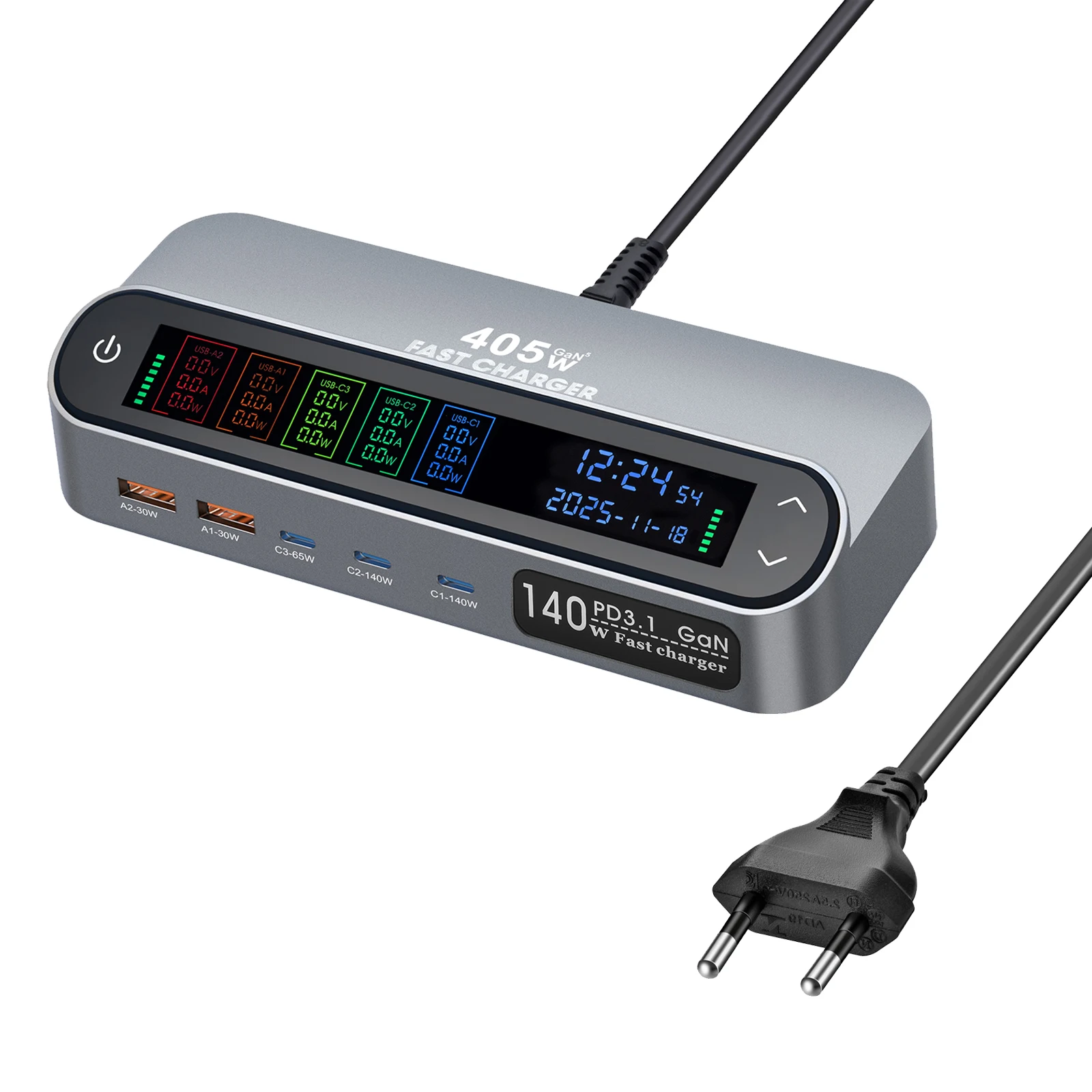 470w-405w-lcd-display-screen-gan-desktop-charger-multi-port-charger-140w-type-c-fast-charging-with-65w-scalable-charging-cable