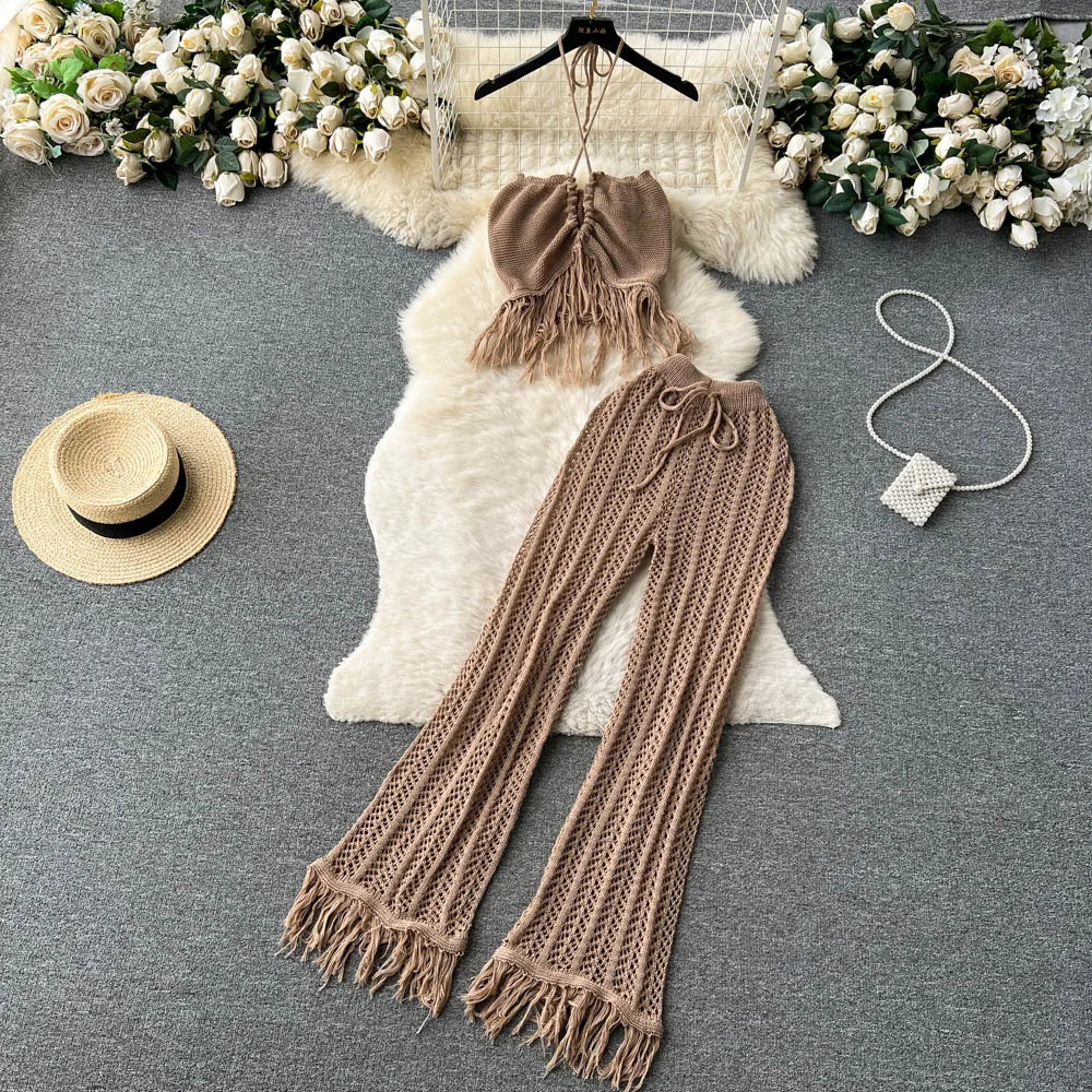 

Bohemian Beach Vacation Two Piece Set Women's Summer Knitted Tassel Hanging Neck Top High Waist Hollow Long Pants Two Piece Set