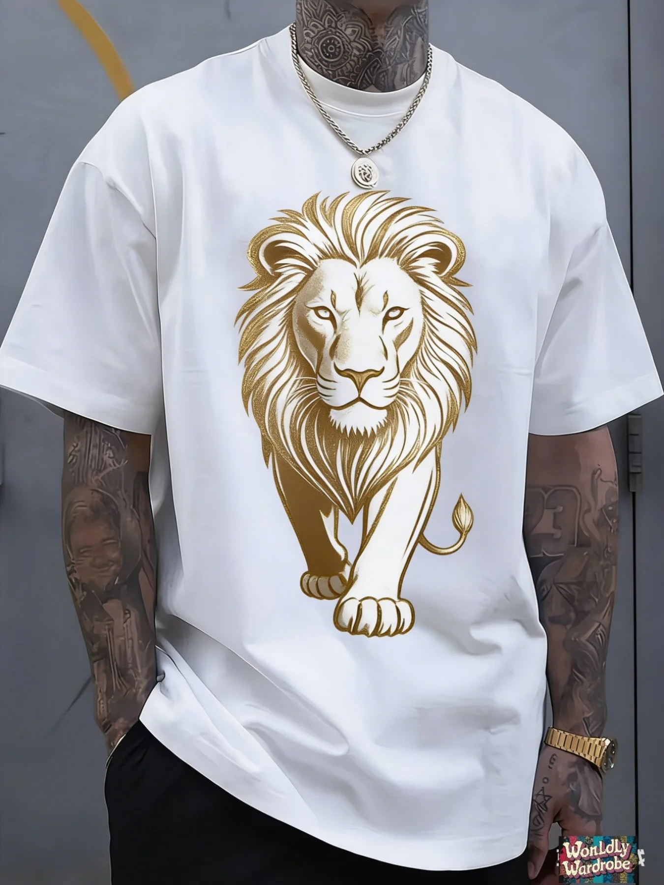 Lion Print T-shirt, Creative Abstract Graphic, Unique Design, Men'S Fashion Printed T-shirt, White, Pure, Short Sleeve, Crew Neck, Breathable, Suitable for Summer, Machine Washable Digital Heat Transfer Print