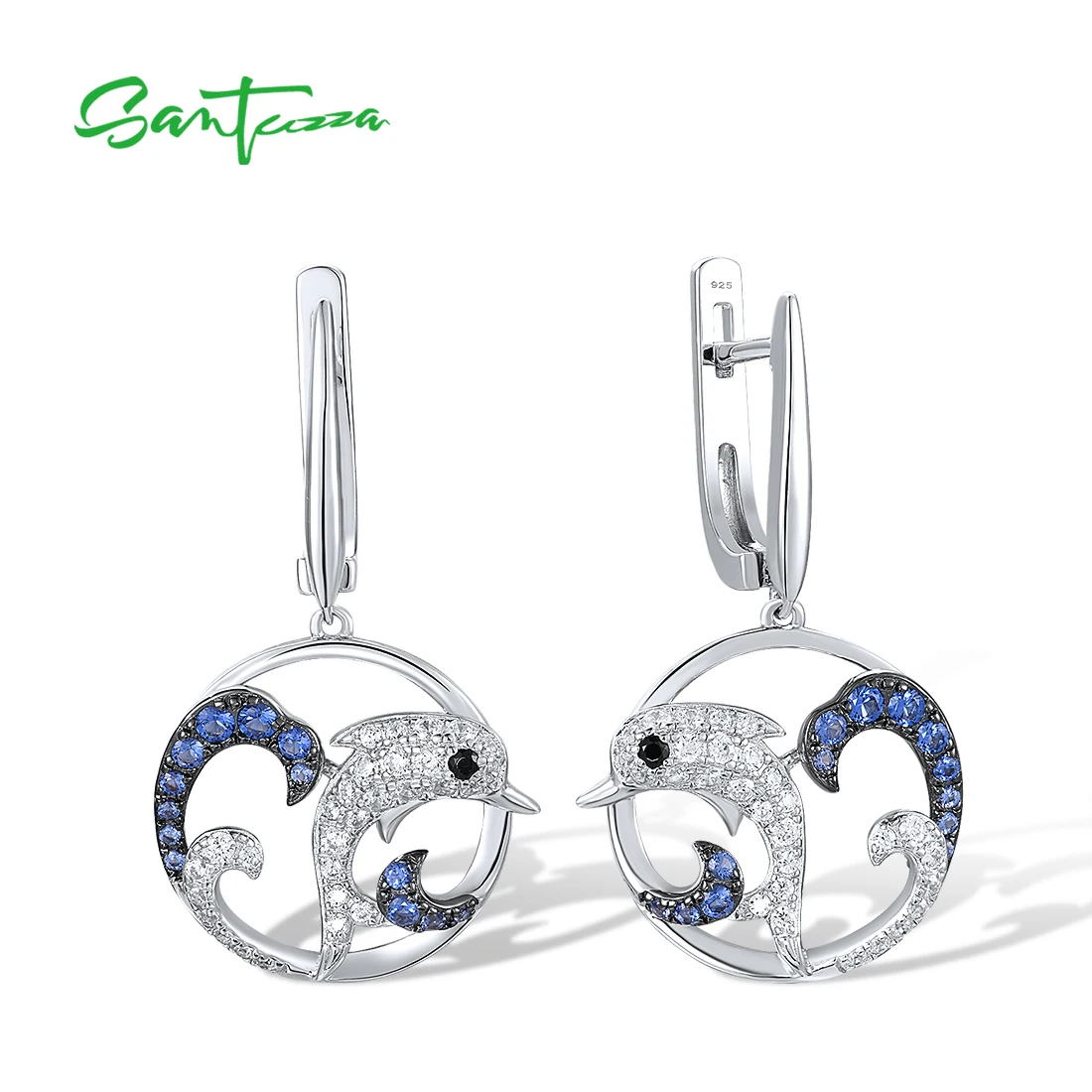 SANTUZZA 925 Sterling Silver Earrings For Women Black Spinel Blue White CZ Dolphin Earrings Delicate Cute Ocean Fine Jewelry